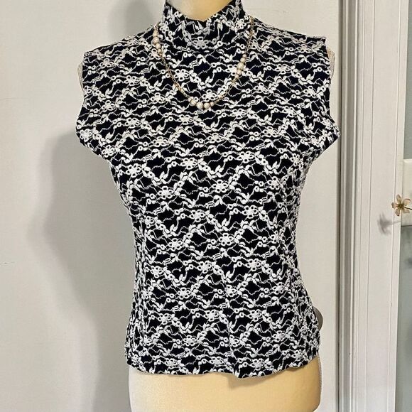 NICOLA Black White M/L Sleeveless Embroidered Look Mock Neck Top Y2K - Picture 7 of 9